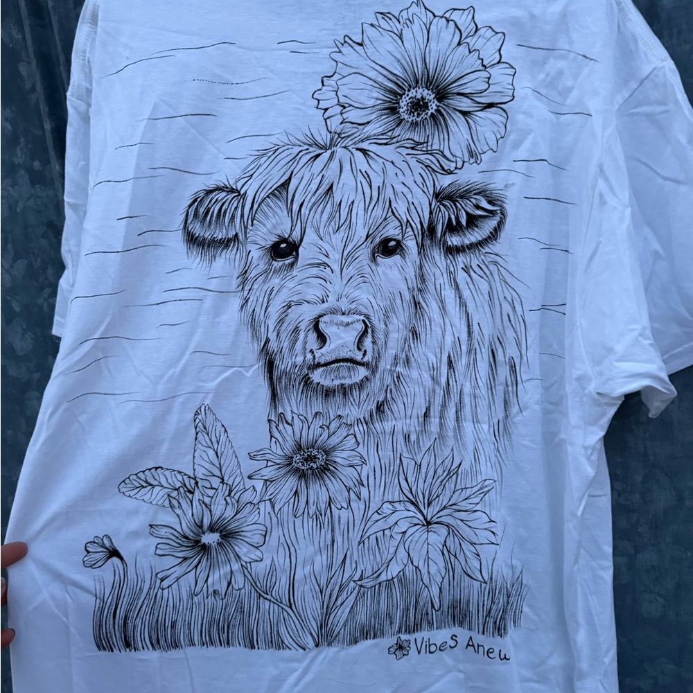 White Graphic T-Shirt with Cow and Flowers